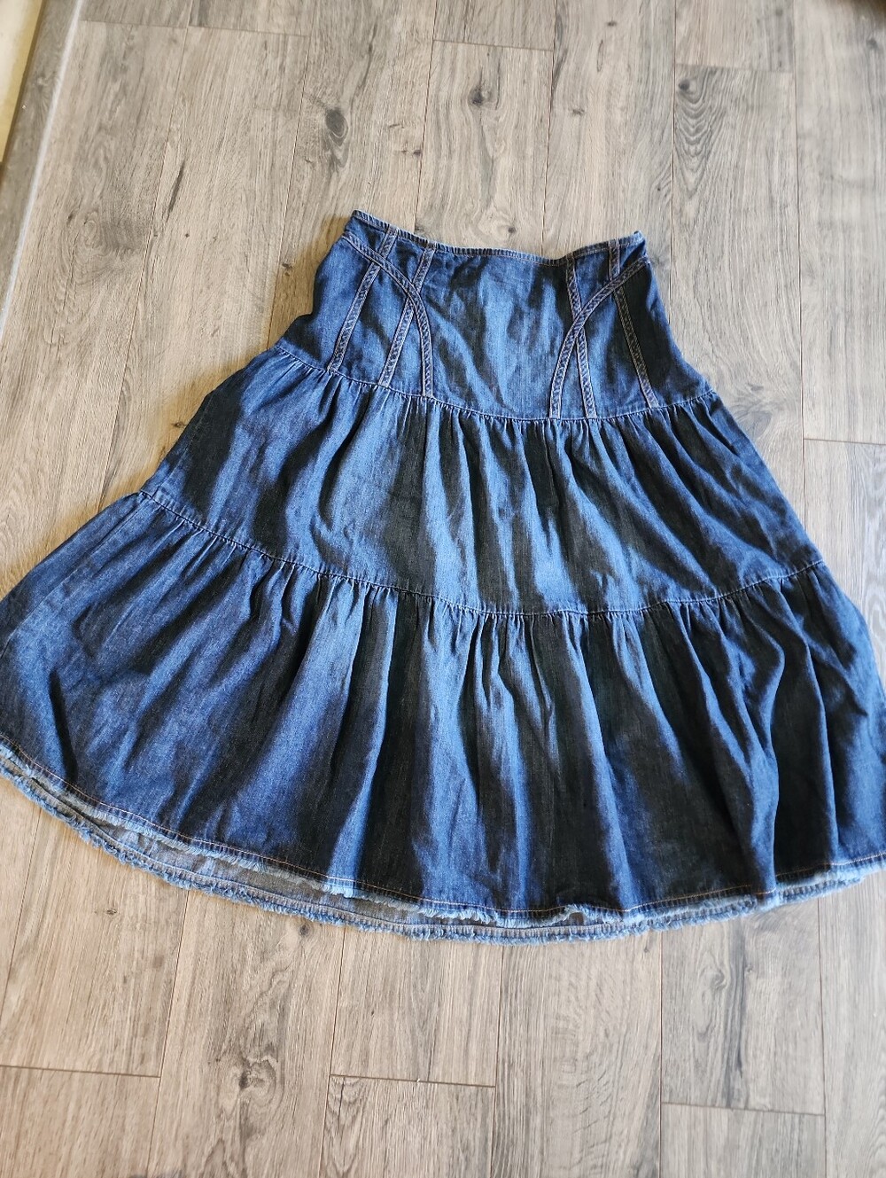 Bandalino Y2k Denim Tiered A-Line Skirt - Blue Western Festival Patchwork Size 6